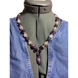 Amethyst Rose Quartz Beaded Pendant Necklace Silver Tone Boho Statement Purple